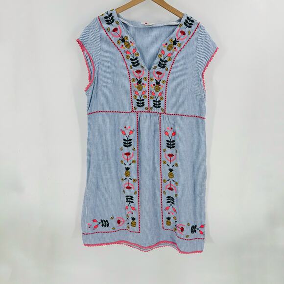 Boden Embroidered Striped Linen Bea Dress Knee Length Blue White Size 16L - Picture 12 of 12